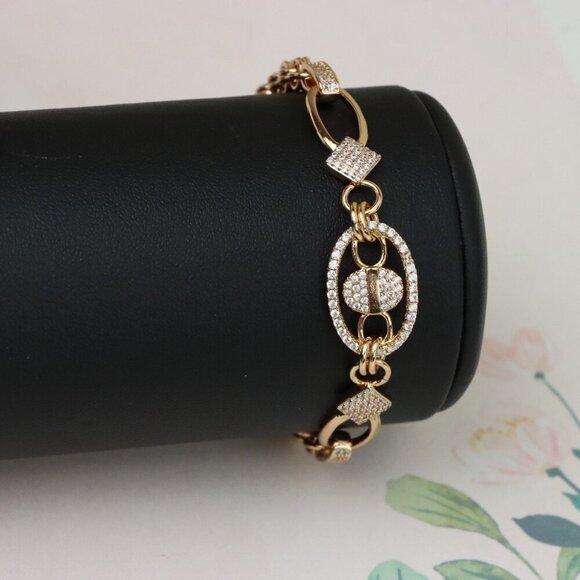 "Rose Gold Chain Bracelet with Oval Crystal Charm & Textured Links, XPBL0927 - Picture 10 of 13
